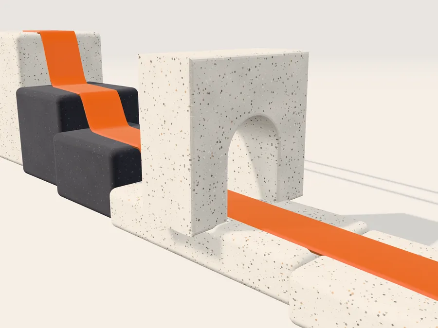 Close-up render: an orange ribbon passing through a stone arch.