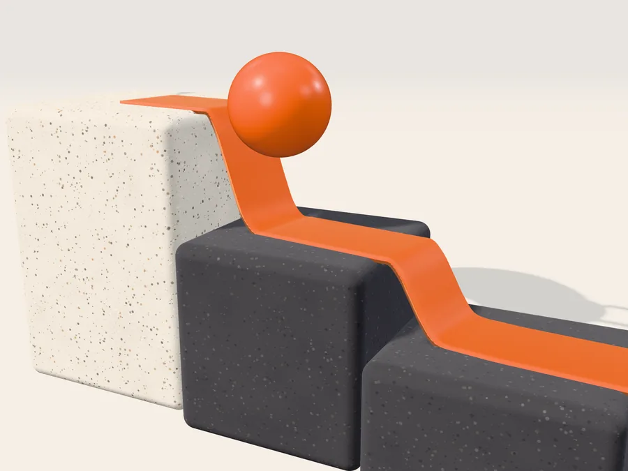 Render of an orange ball rolling off a stone block onto a ribbon that steps down over charcoal blocks.