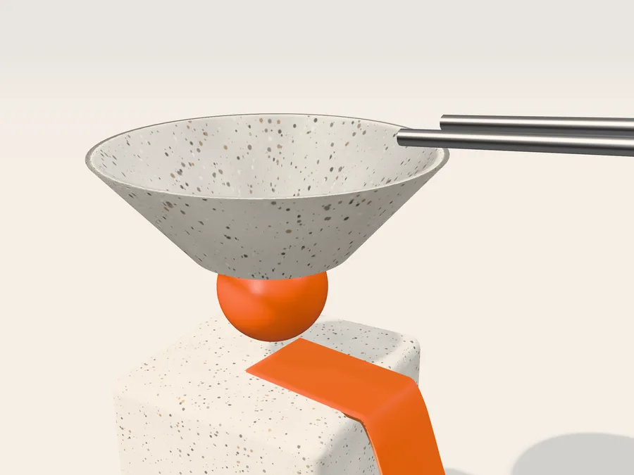 Render of a floating stone funnel dropping an orange ball onto the start of the ribbon.