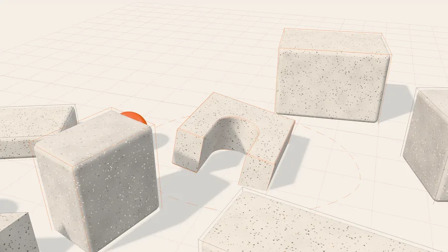 A close inspection view: the blocks shown in neutral clay with their edges and a measuring grid on the floor.