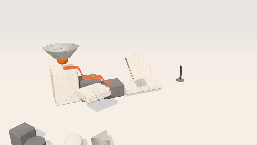 Blocks lifting into place as a downhill run, a funnel above the tallest block and the orange ribbon unrolling.
