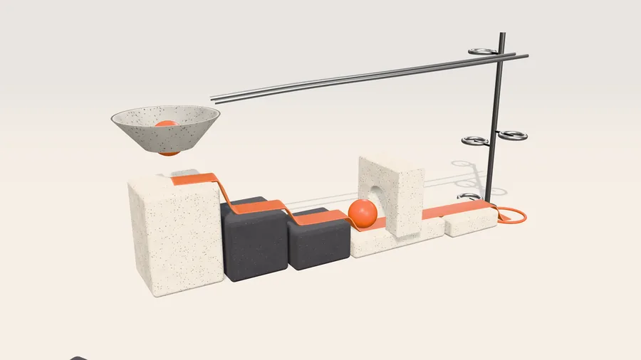 The finished machine: a floating funnel drops orange balls onto a ribbon that runs down stone and charcoal steps and through an arch to an orange goal ring, where a lift and a floating rail carry them back to the funnel.